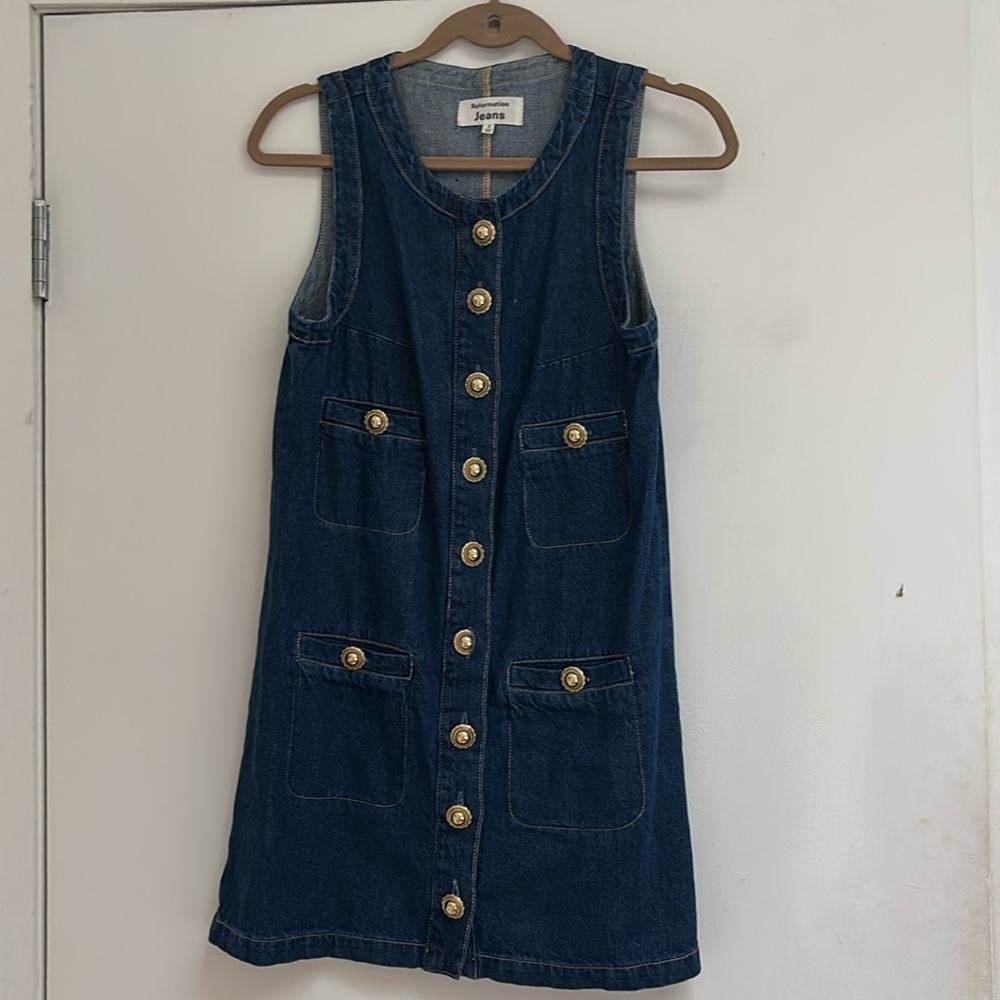 Reformation denim dress with gold buttons